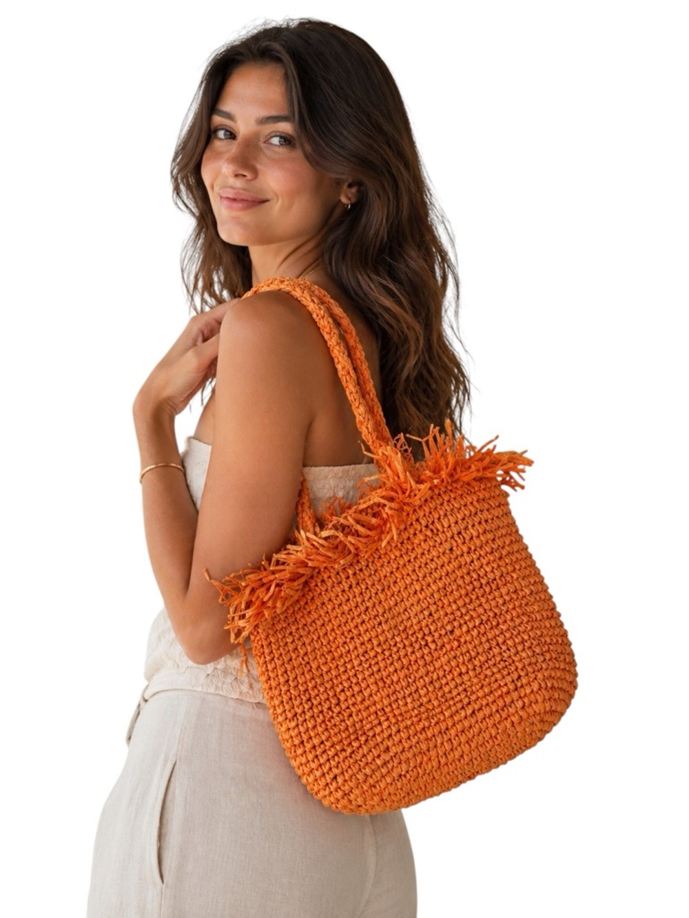 MELROSE AND MARKET PALMER STRAW WOVEN FRINGED FRAY TOTE HANDBAG ORANGE SACK